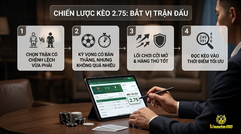 Chiến lược kèo tài xỉu 2.75 bắt vị trận đấu qua 4 bước: chọn trận chênh lệch vừa phải, kỳ vọng bàn thắng vừa đủ, lối chơi cởi mở, hàng thủ tốt, hiển thị trên tablet