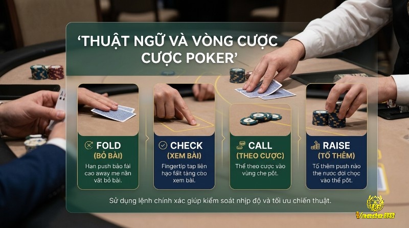 Thuật ngữ Poker hành động Poker: Fold (bỏ bài), Check (xem bài), Call (theo cược), Raise (tố thêm) qua tay người chơi, chip và lá bài
