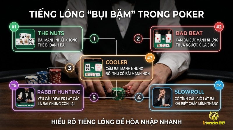 Tiếng lóng Poker: The Nuts (bài mạnh nhất), Bad Beat (thua ngược lá cuối), Cooler (đối thủ mạnh hơn), Slowroll (câu giờ lật bài), Rabbit Hunting (yêu cầu Dealer lật bài chung)