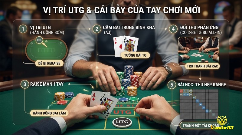 Cái bẫy vị trí UTG trong poker: người chơi mới cầm AJ raise mạnh tay, bị 3-bet và all-in, dẫn đến bài rác