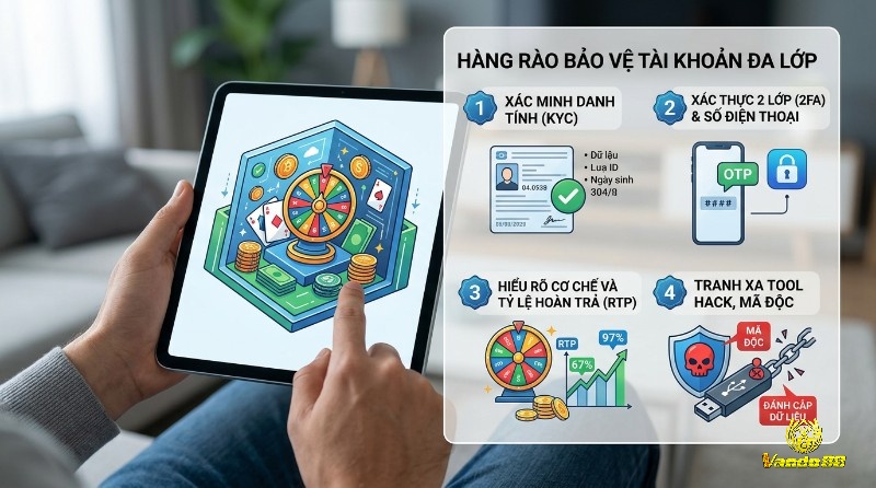 Hàng rào bảo vệ tài khoản đa lớp với KYC, xác thực 2 lớp (2FA) qua OTP, hiểu RTP và tránh tool hack mã độc đánh cắp dữ liệu