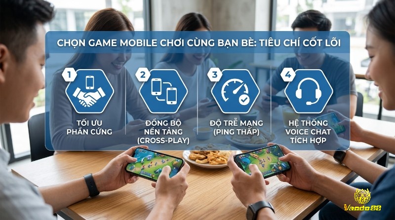Tiêu chí chọn top game online mobile chơi cùng bạn bè: 4 người chơi trên điện thoại, tối ưu phần cứng, đồng bộ nền tảng, ping thấp, voice chat tích hợp