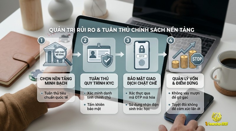 Quản trị rủi ro và tuân thủ chính sách nền tảng với 4 bước: chọn nền tảng minh bạch, tuân thủ KYC, bảo mật giao dịch OTP/sinh trắc học, quản lý vốn có điểm dừng