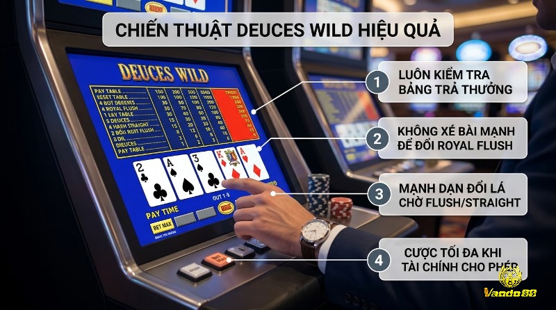 Chiến thuật Deuces Wild hiệu quả trên máy video poker, hiển thị bảng trả thưởng và 4 quy tắc chơi: kiểm tra bảng, không xé bài mạnh, đổi lá chờ Flush/Straight, cược tối đa