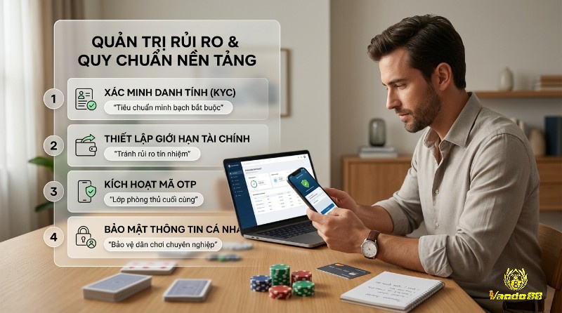 Quản trị rủi ro và quy chuẩn nền tảng: người đàn ông dùng laptop, điện thoại hiển thị KYC, giới hạn tài chính, OTP, bảo mật thông tin cá nhân