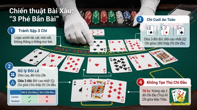 Tối ưu bài xấu toàn Mậu Thầu và Đôi lẻ bằng chiến thuật 3 Phé Bắn Bài, tránh sập 3 chi, phân bổ đôi Q giữa 9 đầu, chi cuối an toàn A K Q