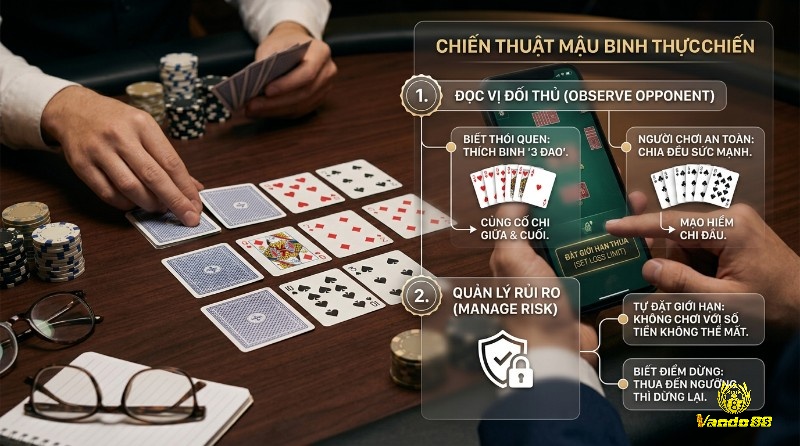 Chiến thuật Mậu Binh thực chiến: xếp bài hợp lý, quan sát thói quen đối thủ (như binh “3 đao”) và quản lý rủi ro để đưa ra quyết định hiệu quả hơn trong từng ván