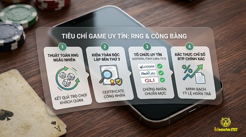 Tiêu chí game uy tín: RNG ngẫu nhiên, kiểm toán độc lập bởi eCOGRA, iTech Labs, GLI, xác thực RTP chính xác, đảm bảo công bằng