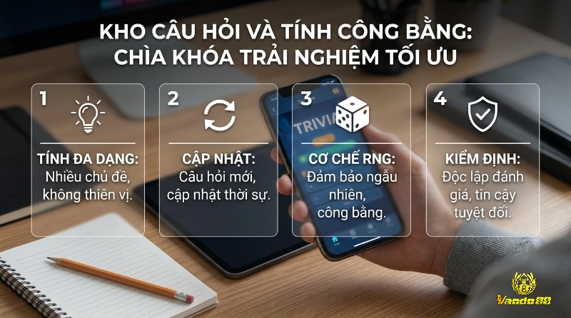 Ngân hàng câu hỏi phong phú với nhiều chủ đề khác nhau, liên tục được bổ sung nội dung mới, kết hợp cơ chế RNG chọn câu hỏi ngẫu nhiên nhằm đảm bảo tính công bằng và được kiểm định độc lập
