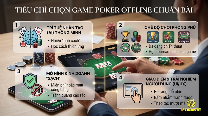 Tiêu chí chọn game poker offline chuẩn bài: AI thông minh, chế độ chơi phong phú, mô hình kinh doanh sạch, giao diện UI/UX rõ ràng