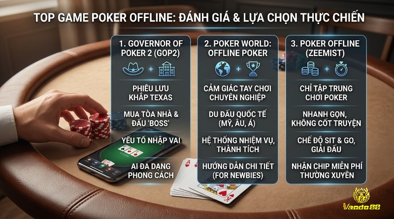 Phân tích 3 game poker offline: Governor of Poker 2 (phiêu lưu), Poker World (du đấu), Poker Offline Zeemist (chơi nhanh), cùng các tính năng nổi bật.