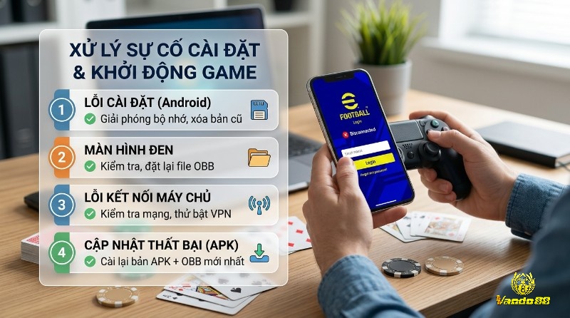Xử lý sự cố cài đặt và khởi động game eFootball, người chơi cầm điện thoại hiển thị lỗi ngắt kết nối, danh sách 4 lỗi phổ biến (cài đặt Android, màn hình đen, kết nối máy chủ, cập nhật APK) và cách khắc phục