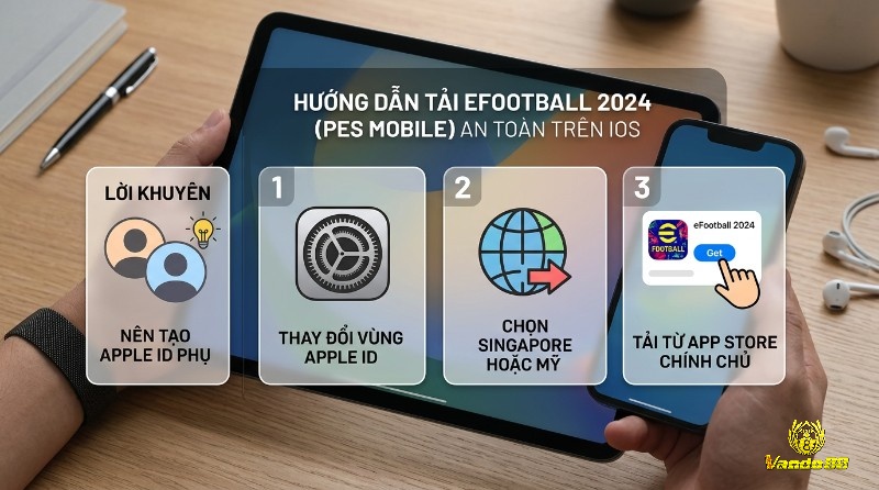 Hướng dẫn tải pes mobile miễn phí an toàn trên iOS bằng cách thay đổi vùng Apple ID sang Singapore/Mỹ và tải từ App Store, kèm lời khuyên tạo ID phụ